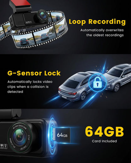 Hikity 4K Doppia Dashcam, 4K + 2K UHD telecamera per auto dashcam auto 3.16" Con Grandangolo di 150° G-sensor Visione Notturna ADAS/BSD Monitor di Parcheggio Registrazione in Loop 64G TF-kaart