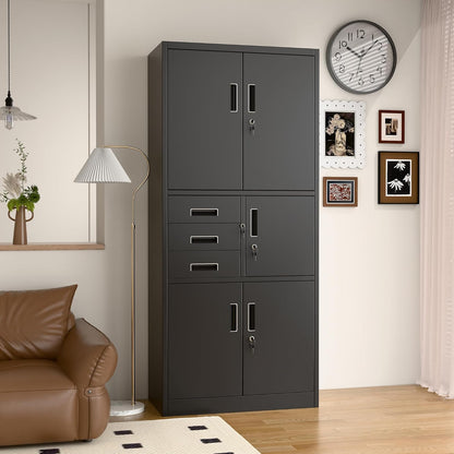 Metal Storage Cabinet with 5 Doors and 3 Drawers, Metal File Cabinet with Doors and Shelves, Steel Cabinet with Lock for Office, Warehouse, Home, 180 x 80 x 40 cm - QUORE