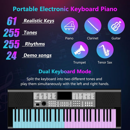 Digitale Piano 61 Toetsen – Keyboard – Elektrische Piano – Pianotoetsenbord – Pianokeyboard – Dubbele Toetsenbordfunctie – 255 Geluiden, 255 Ritmes En 24 Demo’s