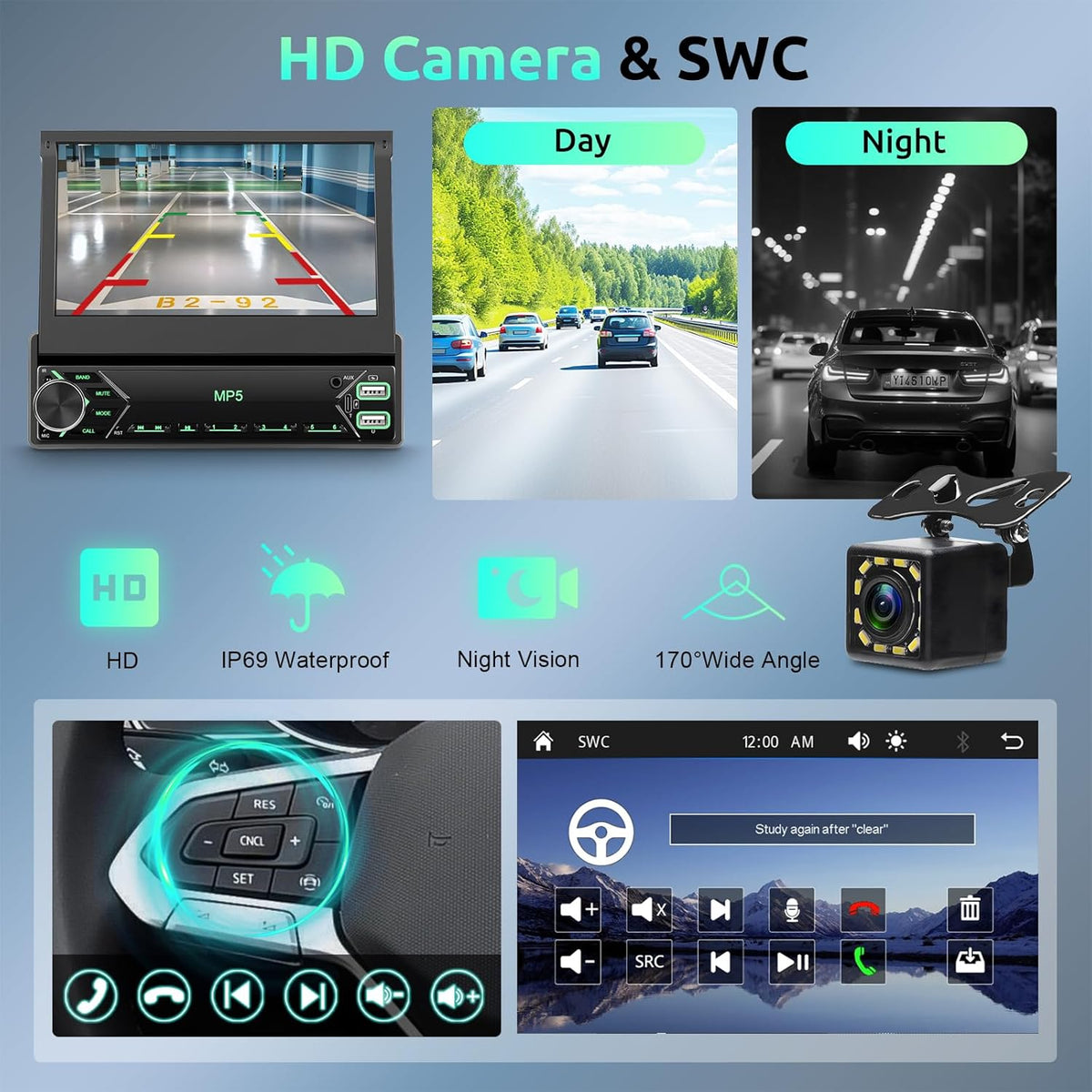 Autoradio 1 Din met draadloze Carplay Android Auto, 7 inch IPS HD handmatige flip touchscreen autoradio, ondersteuning Bluetooth Link spiegeling FM 2USB/Type-C stuurwielbediening