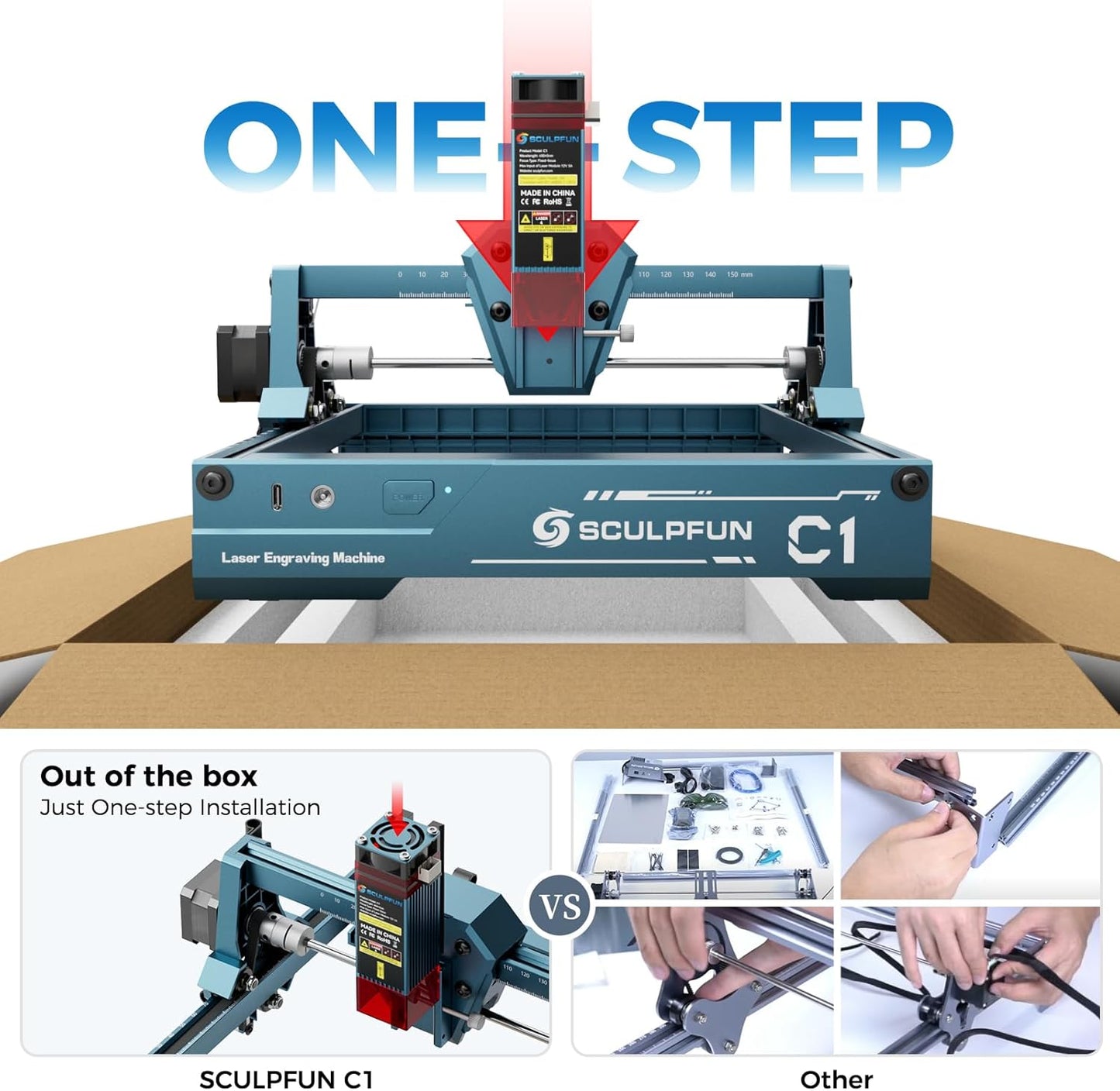 SCULPFUN C1 Mini Laser Engraver, 3W Portable Laser Engraving Machine with 0.04mm Ultra Fine Spot, Work for DIY Beginners,Plywood,Leather,Kraft Paper,Slate, Engraving Area 150 * 130mm