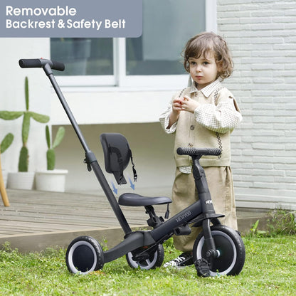 newyoo Tricycle 5 en 1, draisienne à partir de 1 an, avec barre de poussée, pour enfants à partir de 1, 2, 3 ans, avec pédales amovibles et siège réglable, Zwart