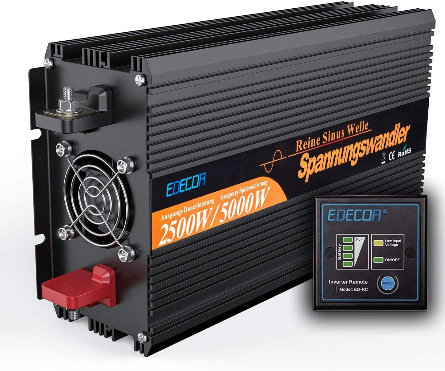 EDECOA Omvormer Zuivere Sinus 2500 W 5000W met Afstandsbediening 2 USB-poorten 2 EU Stopcontacten Spanningstransformator 12 V 230 V Spanningsomvormer 12V naar 230V Power Inverter 2500W