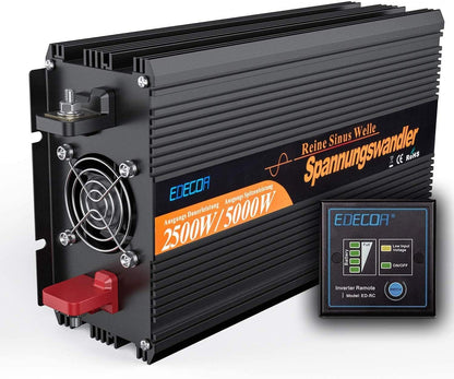EDECOA Omvormer Zuivere Sinus 2500 W 5000W met Afstandsbediening 2 USB-poorten 2 EU Stopcontacten Spanningstransformator 12 V 230 V Spanningsomvormer 12V naar 230V Power Inverter 2500W