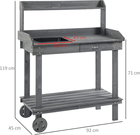 Oppottafel - Tuinwerktafel - Plantentafel -Tuinwerkbankje - met Schuiflade - 2 Niveaus - Bloementafel - voor Tuin - Sparrenhout - 92 x 45 x 119 cm - Grijs