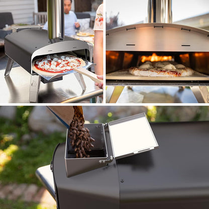 Mimiuo Pizzaoven met schep en pizzasteen, pelletkachel voor pizza met automatisch roterend grillsysteem, zwart (wereldwijd patent)