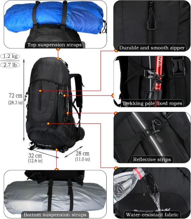 Wandelrugzak - Kampeertas - Trekking rugzak - Camping Essentials Tas - 70L - Lichtgewicht - Waterdichte - Nylon - Zwart