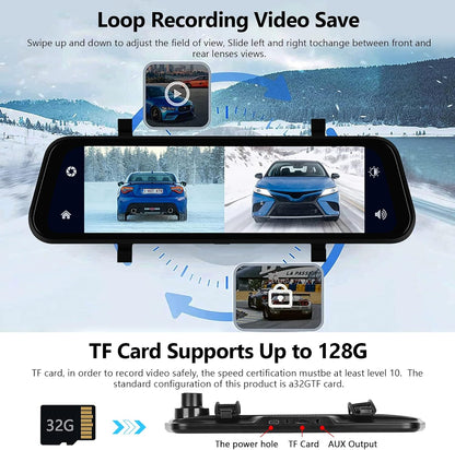 Hodozzy Spiegel Dashcam Carplay Draadloze Android Auto Bluetooth 24,5 cm (9,66 inch) IPS Touchscreen Voorcamera Achteruitrijcamera Waterdicht Nachtzicht WDR Auto Achteruitkijkspiegel Parkeermonitor