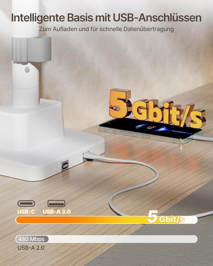 monTEK Dubbele Ultrawide Monitorarm voor 17-57 Inch Schermen tot 27 kg, Aluminium Zware Gasveer Verticale Stapelbare Gebogen Scherm Verstelbare Monitorstandaard, 75/100mm Vesa-bevestiging, Wit