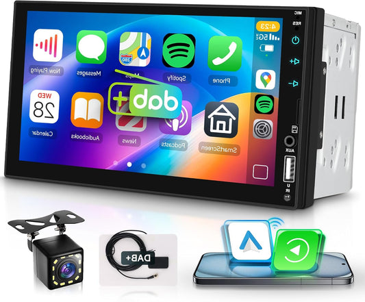 Rimoody Wireless Carplay Car Radio 2 Din with DAB+/DAB Adapter, Wireless, Android Car, Bluetooth 5.2, 7 Inch Touch Screen, Car Radio with Mirror Link FM Radio DAB/EQ/USB/AUX Steering Control - QUORE