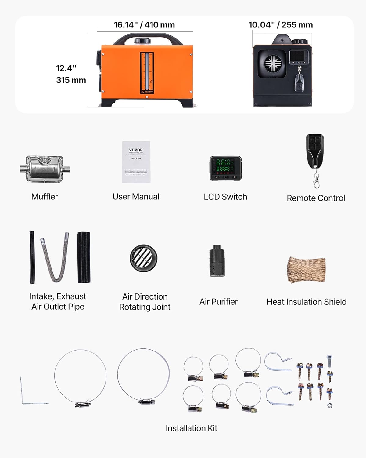 VEVOR Portable Diesel Heater, 12 V, 8 KW, Diesel Air Heater, 0.16 - 0.62 L/h, 8-36 °C, Adjustable 20-25 m², LCD Control and Remote Control, Tank 5 L, for Motorhome, Car, Without - QUORE