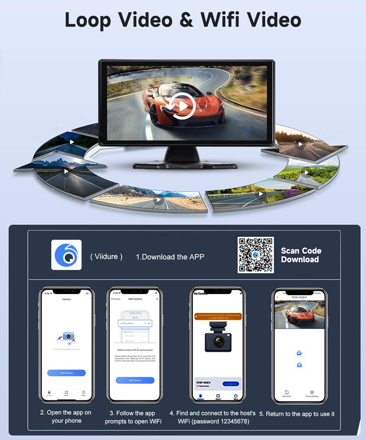 4K achteruitrijcamera 4 camera's set met draadloze Carplay Android Auto, 10,36 inch monitor 4 gesplitste schermen, Bluetooth/FM-zender/Loop Video/WiFi Video/Parkeermonitor voor Truck/Bus/Van/Caravan