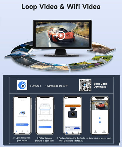 4K achteruitrijcamera 4 camera's set met draadloze Carplay Android Auto, 10,36 inch monitor 4 gesplitste schermen, Bluetooth/FM-zender/Loop Video/WiFi Video/Parkeermonitor voor Truck/Bus/Van/Caravan