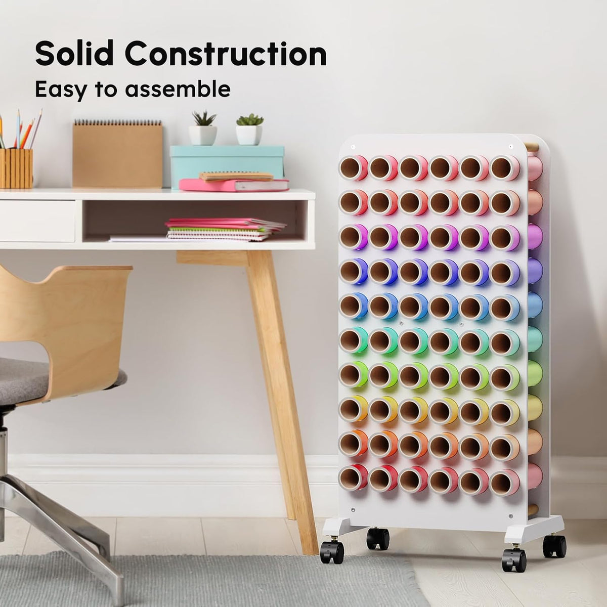 Mobiele vinyl rolhouder, 60 compartimenten vinyl opbergorganizer met vergrendelende zwenkwielen, houten vinyl rol opbergkar rek ambachtelijke opslag cadeauverpakking organizer voor thuis