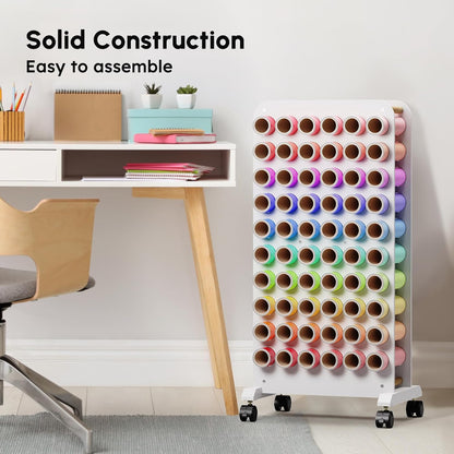 Mobiele vinyl rolhouder, 60 compartimenten vinyl opbergorganizer met vergrendelende zwenkwielen, houten vinyl rol opbergkar rek ambachtelijke opslag cadeauverpakking organizer voor thuis