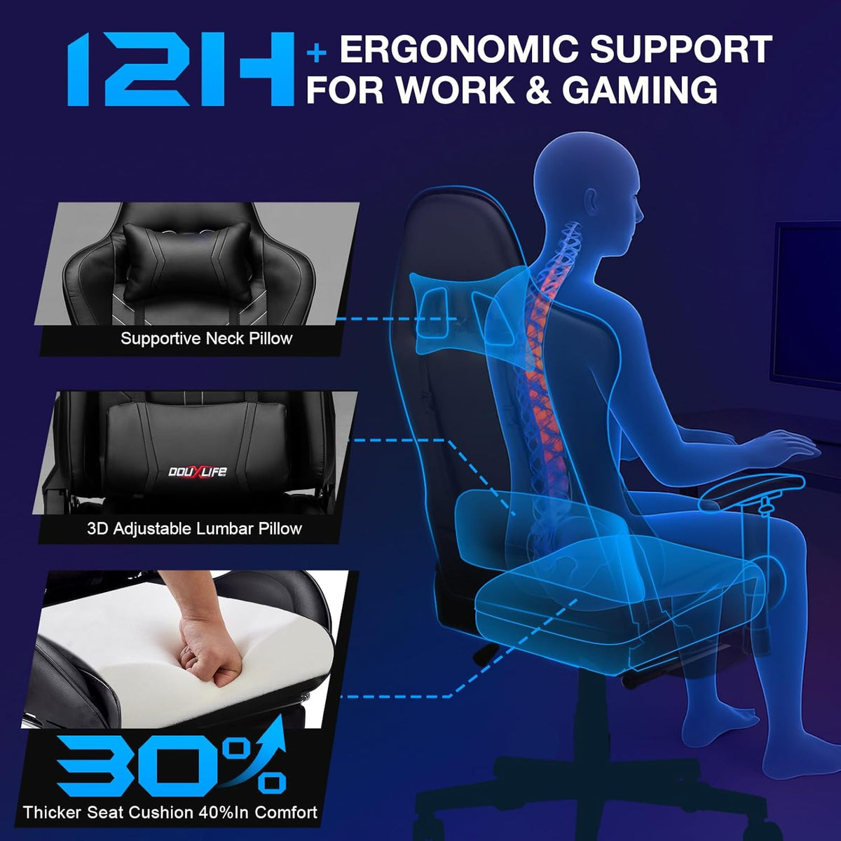 Douxlife Gaming Stoel, met 7-punts Massage, Ergonomische bureaustoel met Voetensteun, 90-175° Rugleuning Instelbaar, Verstelbare 2D-Armleuning, PC-gamerstoel, Bureaustoel, 180 kg, Diepzwart