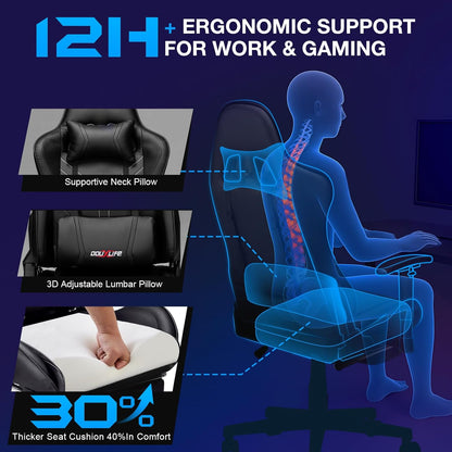 Douxlife Gaming Stoel, met 7-punts Massage, Ergonomische bureaustoel met Voetensteun, 90-175° Rugleuning Instelbaar, Verstelbare 2D-Armleuning, PC-gamerstoel, Bureaustoel, 180 kg, Diepzwart