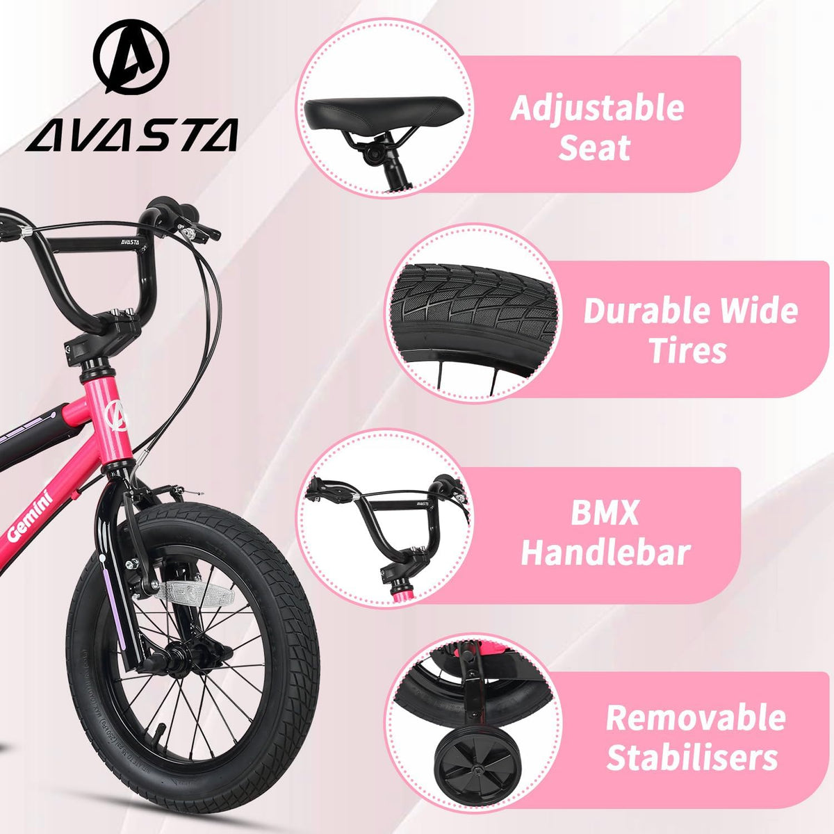 AVASTA 12 14 16 Inch Kinderfiets BMX-stijl Fiets Met Stabilisatoren & Kickstand voor 1-8 Jaar Oude Peuters Jongens Meisjes, Verschillende Kleuren