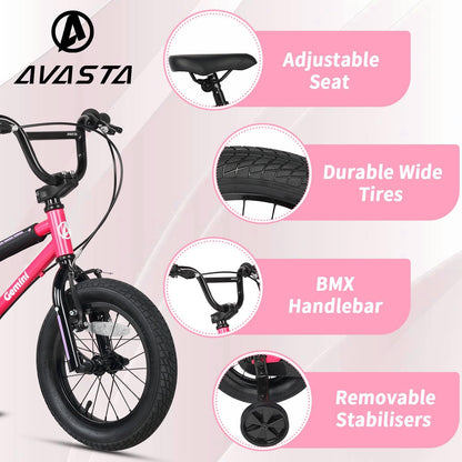 AVASTA 12 14 16 Inch Kinderfiets BMX-stijl Fiets Met Stabilisatoren & Kickstand voor 1-8 Jaar Oude Peuters Jongens Meisjes, Verschillende Kleuren