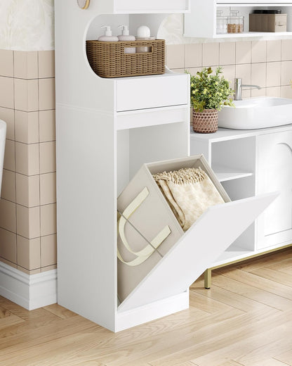 Hzuaneri BC43013X Bathroom Cabinet with Laundry Basket, Laundry Cabinet with 1 Drawer and Open Storage, Bathroom Cabinet with Laundry Collector for Bathroom, Utility Room, 40 x 40 x 174 cm, White