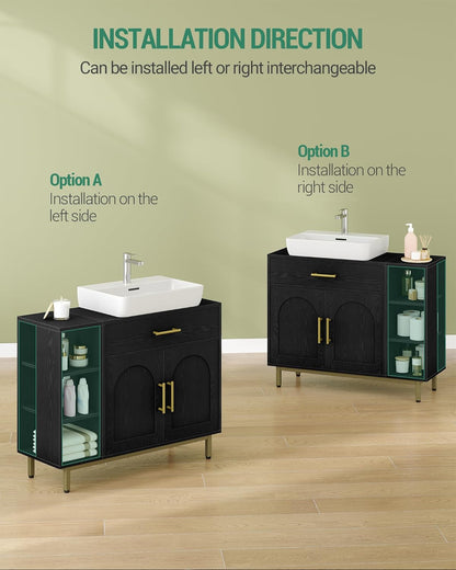 Hzuaneri Washbasin cabinet, bathroom cabinet, 1 drawer, 2 cabinet doors, open compartment with 3 levels, adjustable shelf, black with wood grain, 30 x 80 x 64 cm BC28804G