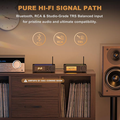 2-kanaals Bluetooth-versterker: HiFi 300W x2 stereoversterker met BT 5.2 | HPF | Digitale VU-meter | SUB Pre-Out | TRS-gebalanceerde ingang | Toonbediening en afstandsbediening voor Home