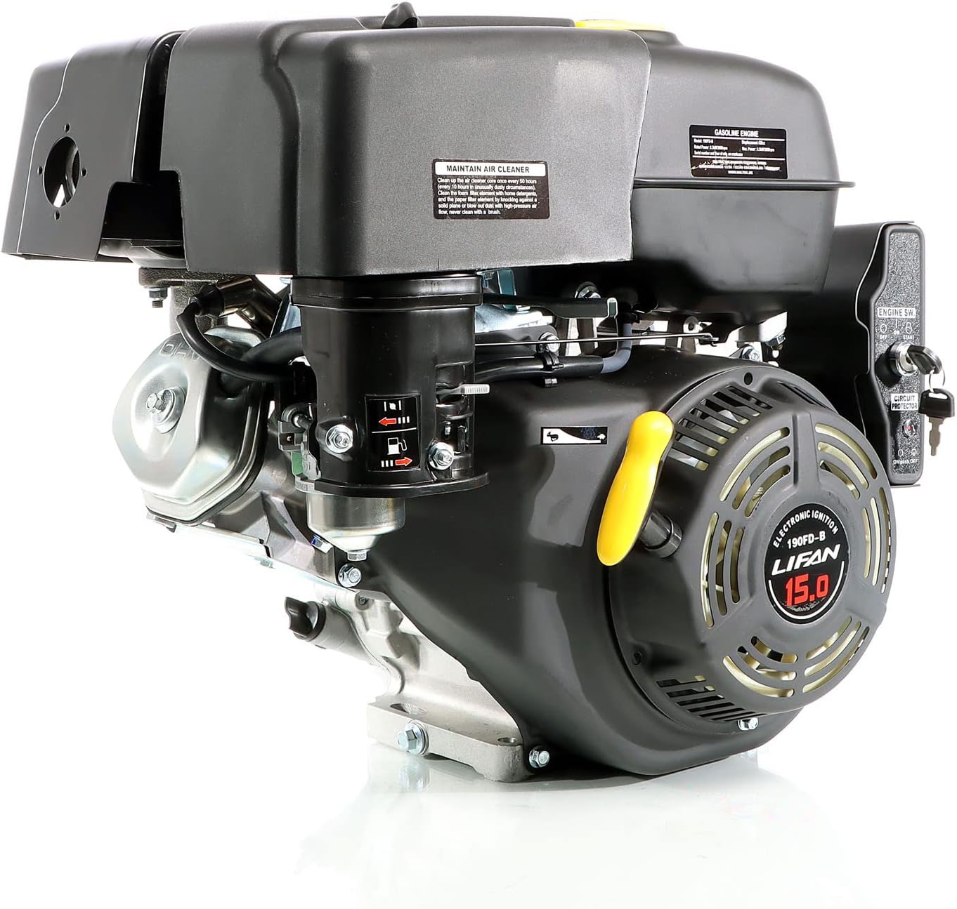 LIFAN 190 FD-B E-Start benzinemotor met 15 pk 1-cilinder voor kleine machines en karts, luchtgekoelde 4-taktmotor met 25 mm krukas, OHV-kleppenaandrijving en 420 cc cilinderinhoud