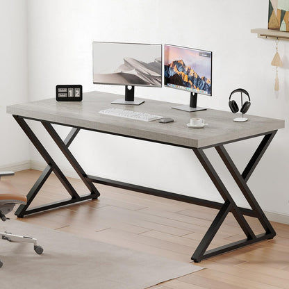 LVB Grijs computerbureau, industrieel houten pc-gaming grijs bureau voor thuiskantoor, moderne houten metalen studiewerk slaapkamertafel, boerderij executive schrijfbureau met opslag, 140 cm,