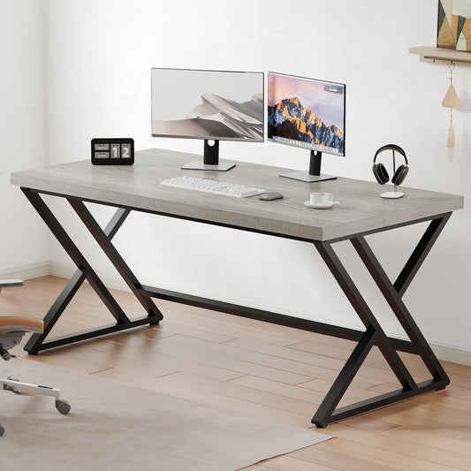 LVB Grijs computerbureau, industrieel houten pc-gaming grijs bureau voor thuiskantoor, moderne houten metalen studiewerk slaapkamertafel, boerderij executive schrijfbureau met opslag, 140 cm,