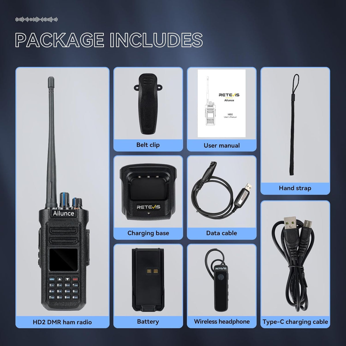 Retevis Ailunce HD2 Ham Radio, HD1, DMR Radio, draadloze 5.0, Dual Band Walkie Talkie, IP67 waterdicht, 3200mAh batterij, lange afstand amateur radio voor nood Rescue, Ham Event (1 stuks) (Met GPS)