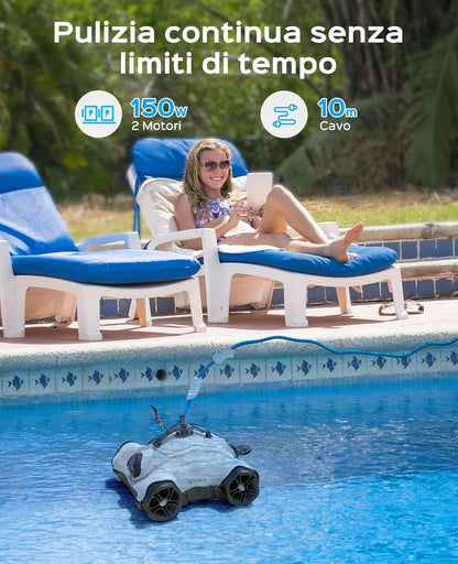 WYBOT Zwembadrobot 150W Krachtig voor het reinigen van grote bladeren en stenen, zwembadstofzuiger met dubbele motor, 3 timerfuncties, vloerreinigingsborstel, Perfect voor zwembaden