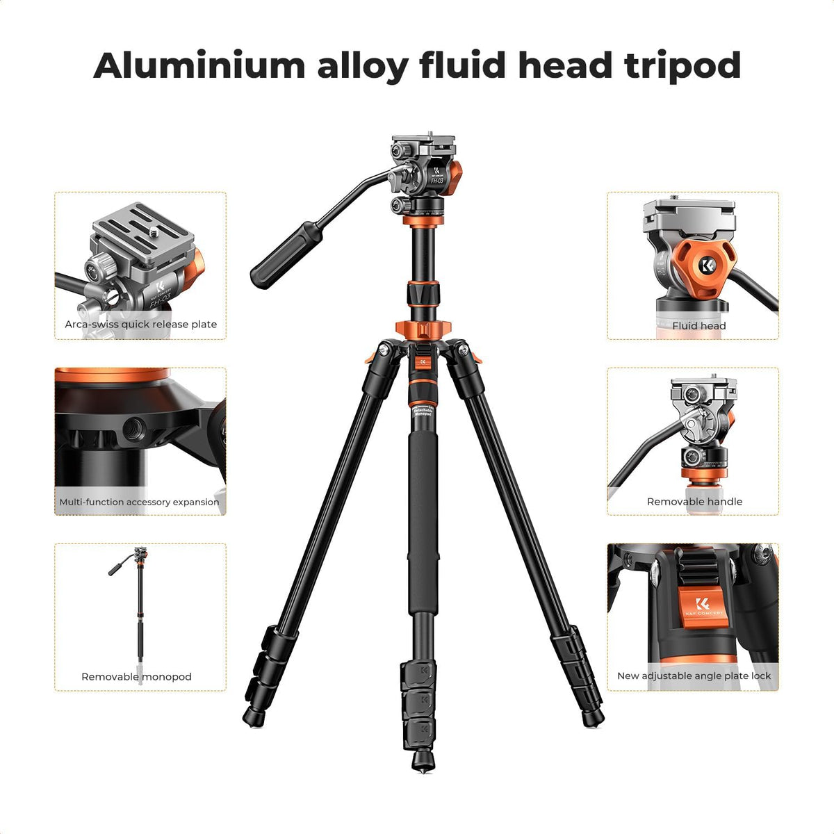 K&F Concept Camera Statief 200cm, Video Statief met Fluid Head voor Pan en Tilt, Camera Statief met Monopod, Arca Swiss Compatible voor DSLR's Belasting: 5kg