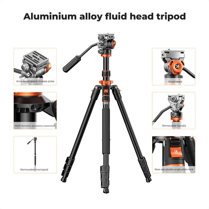 K&F Concept Camera Statief 200cm, Video Statief met Fluid Head voor Pan en Tilt, Camera Statief met Monopod, Arca Swiss Compatible voor DSLR's Belasting: 5kg