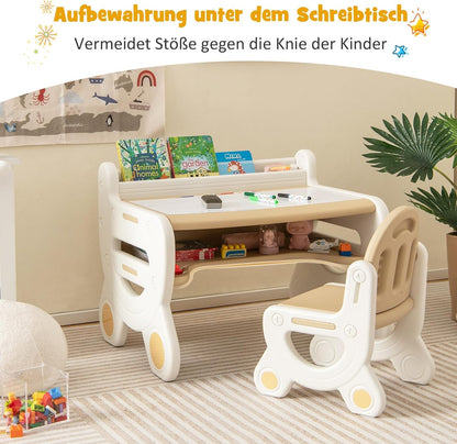 FANTASK Kinderzitgroep met in hoogte en kantelbaar tafelblad, kindertafel met kruk, om te tekenen, leren, spelen en eten, voor kinderen vanaf 3 jaar (bruin)