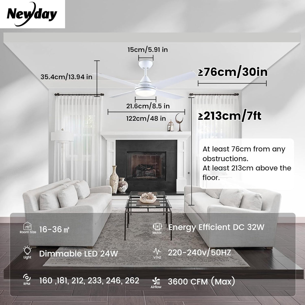 Newday Plafondventilator, wit, 122 cm, kroonluchter, plafondventilator, lamp en afstandsbediening, moderne plafondventilator met 4 omkeerbare bladen, stille motor
