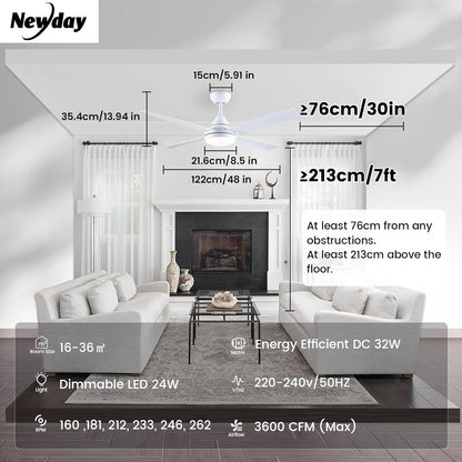 Newday Plafondventilator, wit, 122 cm, kroonluchter, plafondventilator, lamp en afstandsbediening, moderne plafondventilator met 4 omkeerbare bladen, stille motor