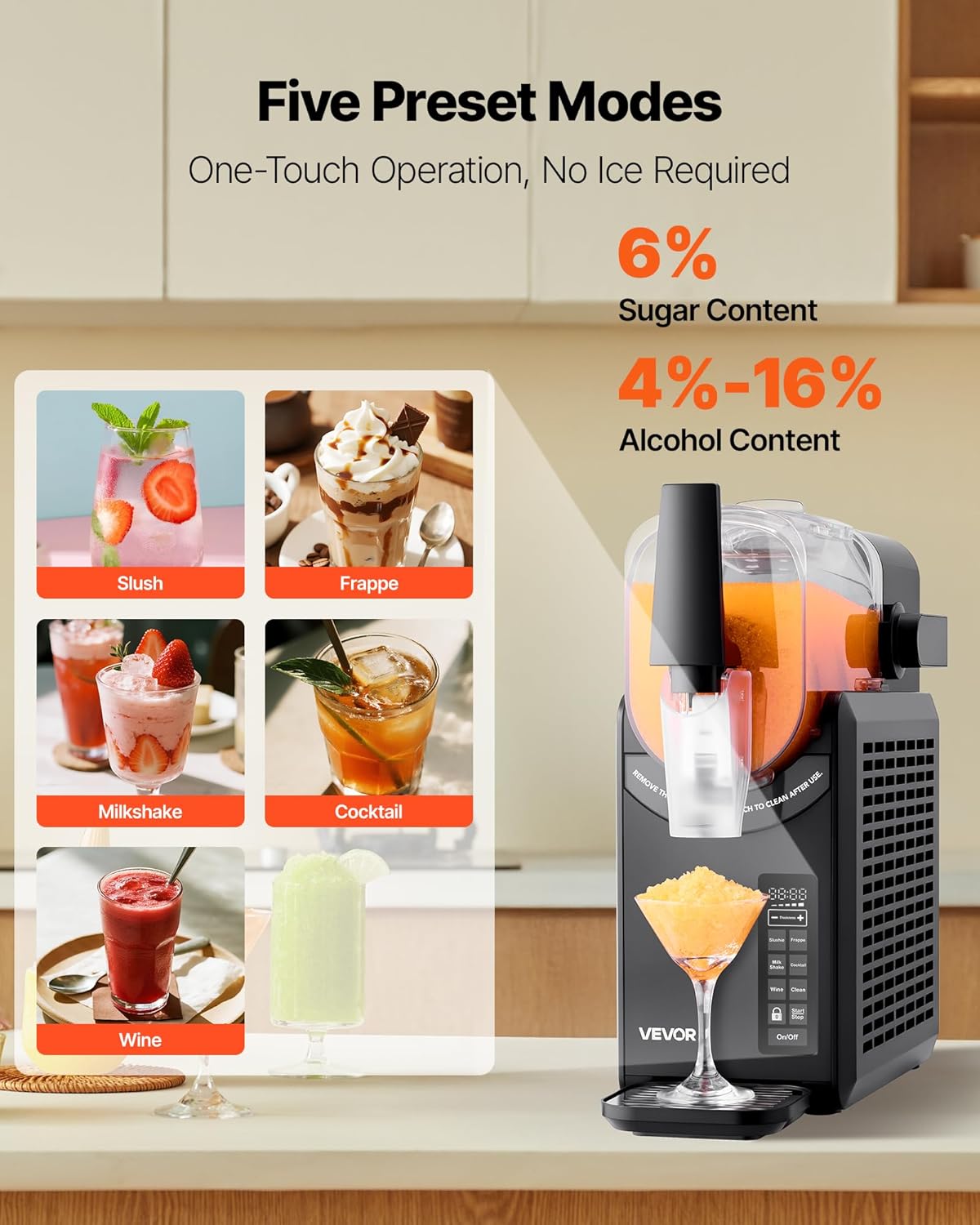 VEVOR Slushy-machine met tank, 2,6 l, geen ijs, zelfreinigend, slush-machine met 5 vooraf ingestelde programma's voor bevroren margerita's, frappés, smoothies