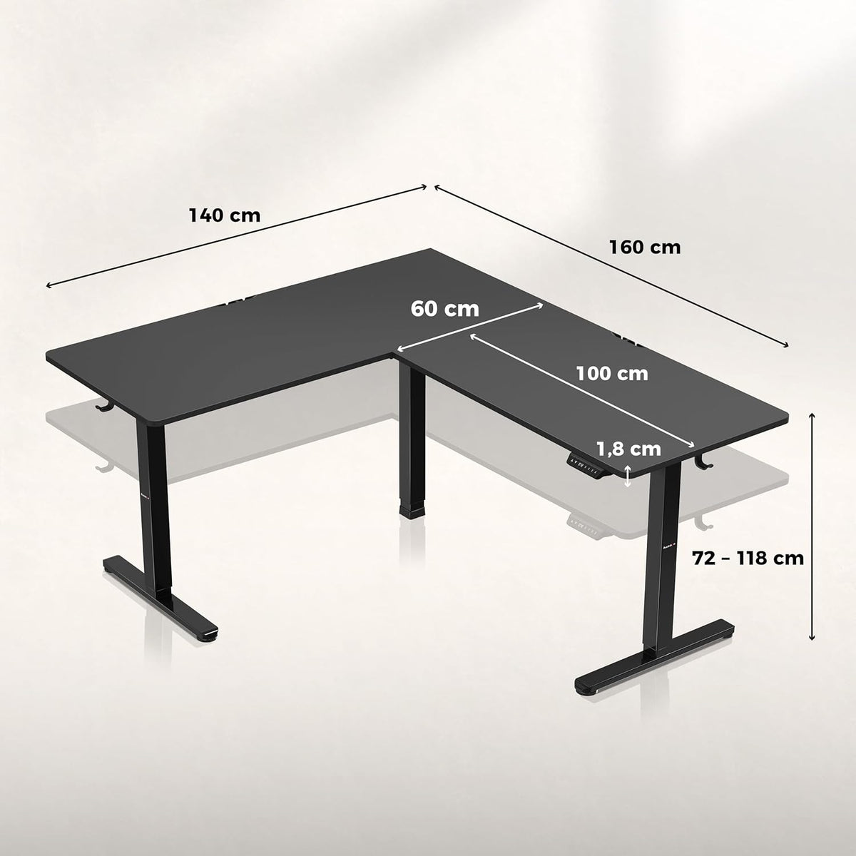 huzaro Hero 9.5 Motorcycle Desk, Height Adjustable, Corner Desk, Electric Standing Desk, 160 x 140 cm, L Shape, Changeable Left and Right, 3 Memory Control, Memo Board, Black - QUORE