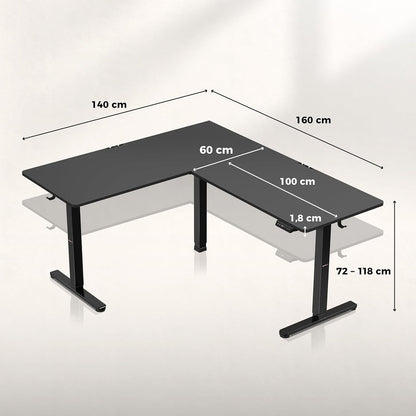 huzaro Hero 9.5 Motorcycle Desk, Height Adjustable, Corner Desk, Electric Standing Desk, 160 x 140 cm, L Shape, Changeable Left and Right, 3 Memory Control, Memo Board, Black - QUORE
