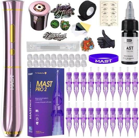 Mast Tattoo P40 Cordless Tattoo Gun Machine Kit - Rotary Tattoo Pen for Eyebrows/Lips/Eyeliner 20Pcs Cartridge Needles Lightweight Slim Body for Artists Pink Color