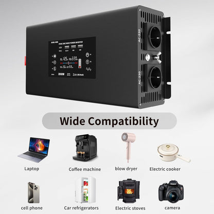 <font dir="auto" style="vertical-align: inherit;"><font dir="auto" style="vertical-align: inherit;">        DATOUBOSS 12V to 230V Pure Sine Wave Power Inverter 2000W/4000W with LCD EU Sockets, 2xUSB, QC3.0 Port, Type-C, 12V 230V Power Converters for Cars,