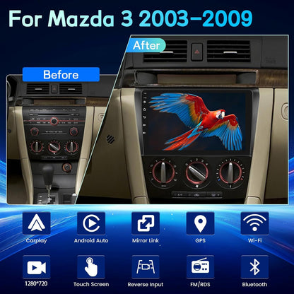 4G+64G Android Autoradio voor Mazda 3 2003-2009 met 1280 * 720 Touchscreen, 9 Inch Radio met Draadloze CarPlay & Android Auto, 32EQ DSP, WiFi, GPS, FM RDS, Bluetooth 5.0, SWC+Achteruitrijcamera