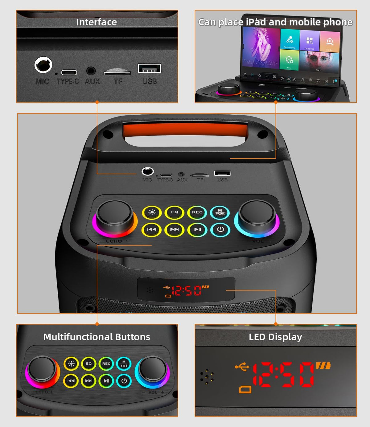 Karaokemachine voor Volwassenen – Draagbare Speaker – Bluetooth Speaker – PA-Systeem – Karaokeset – 60W Krachtig Geluid – 2 Draadloze Microfoons & RGB-Discolampen