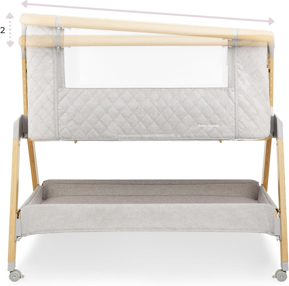 Moby-System, Dreemy 3-in-1 opklapbed, voor kinderen tot 9 kg, 7-traps hoogteverstelling, 4 transportwielen, afneembare zijwand, plank onder het bed