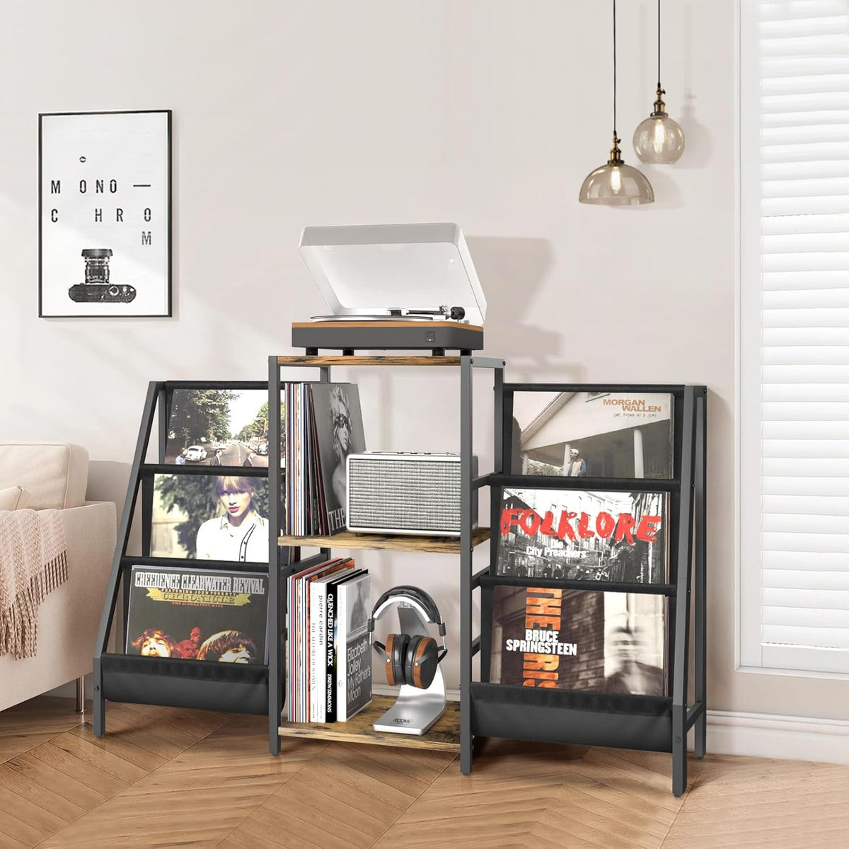 Bikoney Platenkast met Opbergruimte voor Platenspeler – Tafelkast voor Draaitafel met Display, Geschikt voor 280 LP's, Media Console met CD Rek voor Vinyl, Stereo & Draaitafel