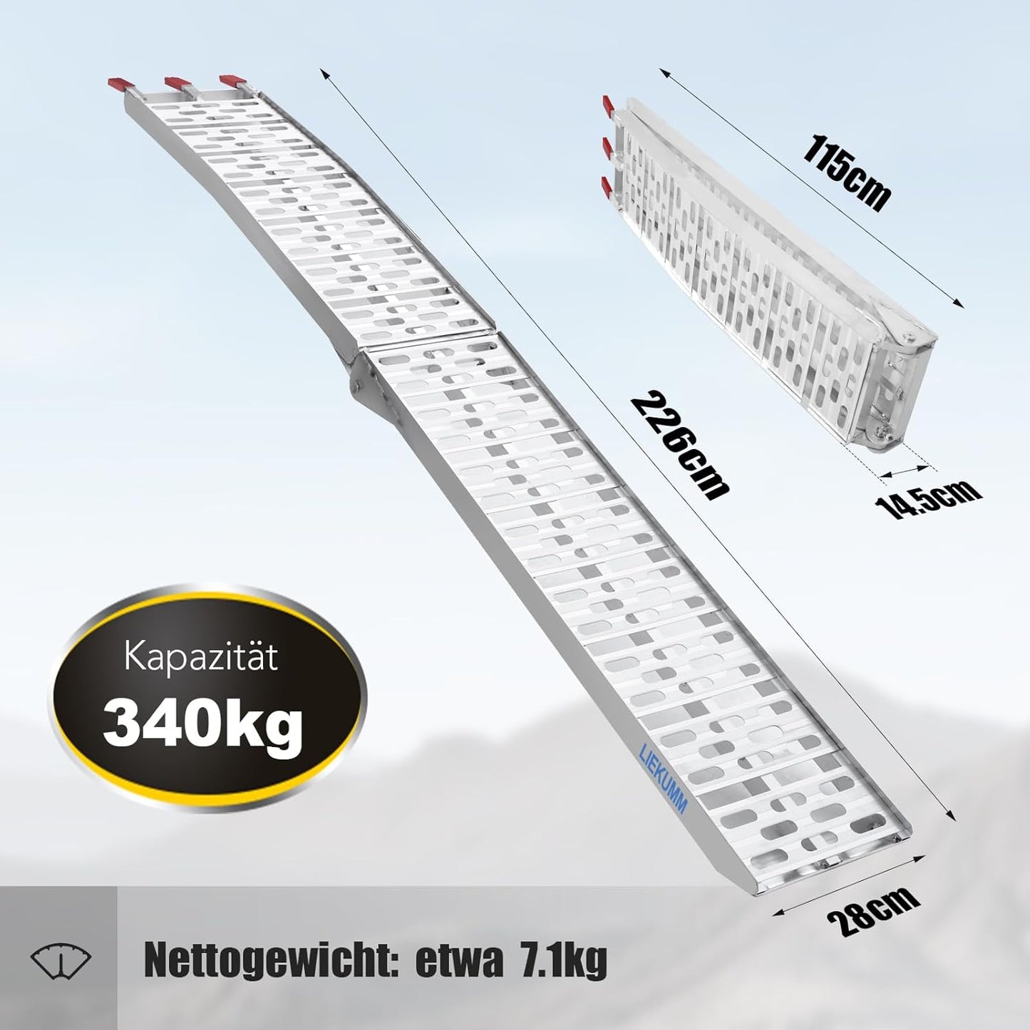 LIEKUMM Alimunium 228 cm opvouwbare oprijplaat voor SUV, motorfiets, vrachtwagen, lading, 340 kg draagkracht