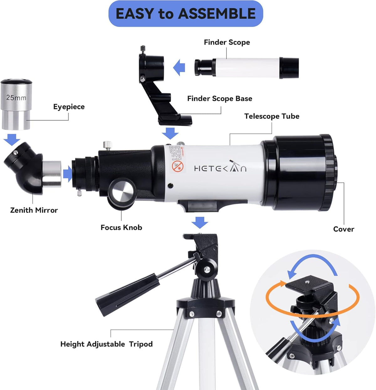 Telescoop, Astronomie Telescoop voor Volwassenen Kinderen Beginners, 70mm Opening 400mm AZ Mount Refractor-Telescoop met Statief, Zoeker en Telefoonadapter