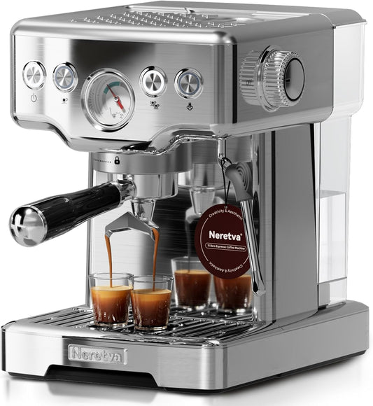 Neretva Zeefdragermachine, roestvrijstalen espressomachine, 15 bar, professionele zeefhouder, koffiezetapparaat met krachtige melkopschuimer, zichtbare manometer, tank van 1,8 liter, incl. barista-kit