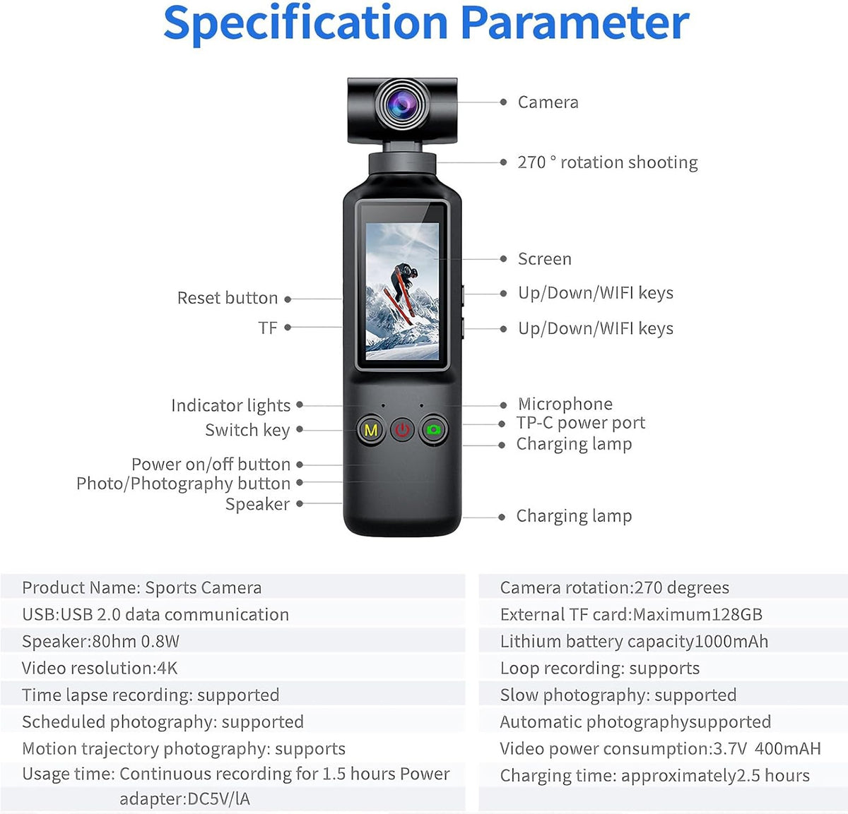 OBEST Action Cam 1080P, draagbare bodycam, vlog/POV-camera met 270° draaibare lens en 1,99 inch displayscherm, mini-actiecamera voor sport, fietsen, reizen, vlog, outdoor, zwart
