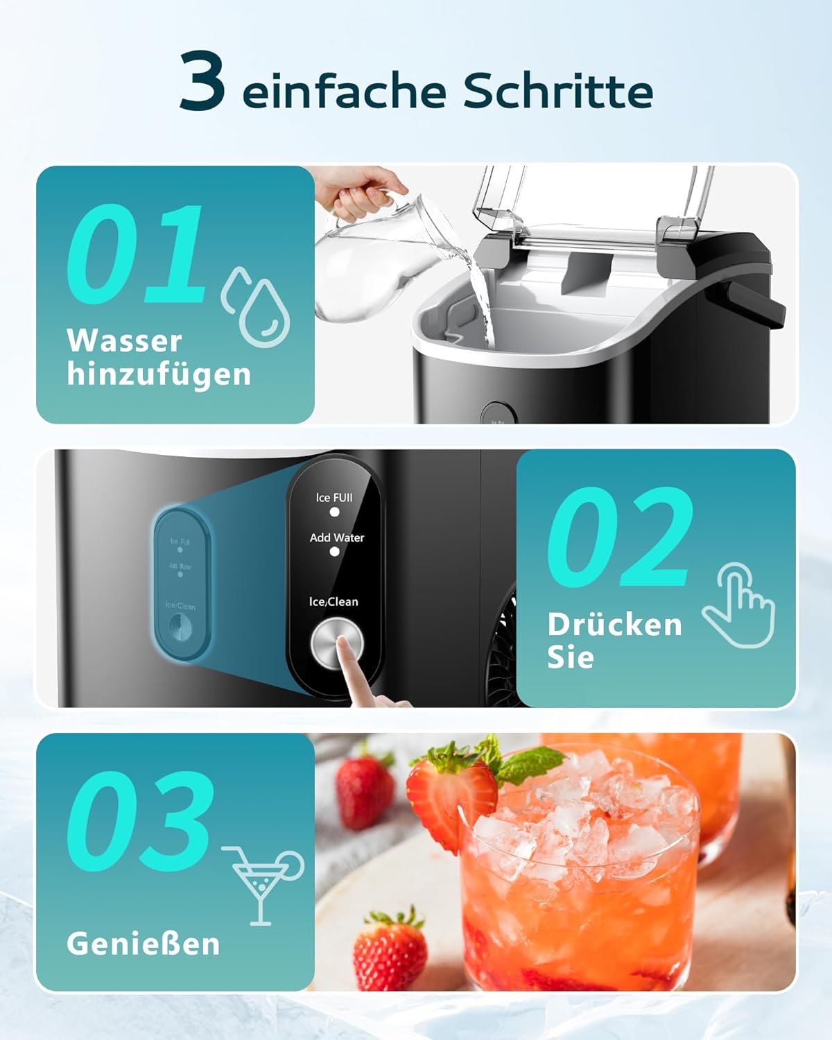 EUHOMY IJsblokjesmachine, 15 kg/24 uur, productie in 6 minuten, crushed ice maker, nuggets Ice, automatische reiniging, 120 W tafel-ijsblokjesmachine, infraroodsensor, energiezuinig, zwart
